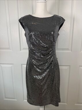 Anne Klein Shimmering Black & Silver Sleeveless Sheath Dress Evening Wedding Y2K